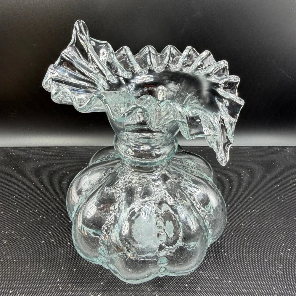 Clear Glass Ruffled Vase Hobnail Lobed Pumpkin‎ Base Heavy 8 Inch Vessel VTG
